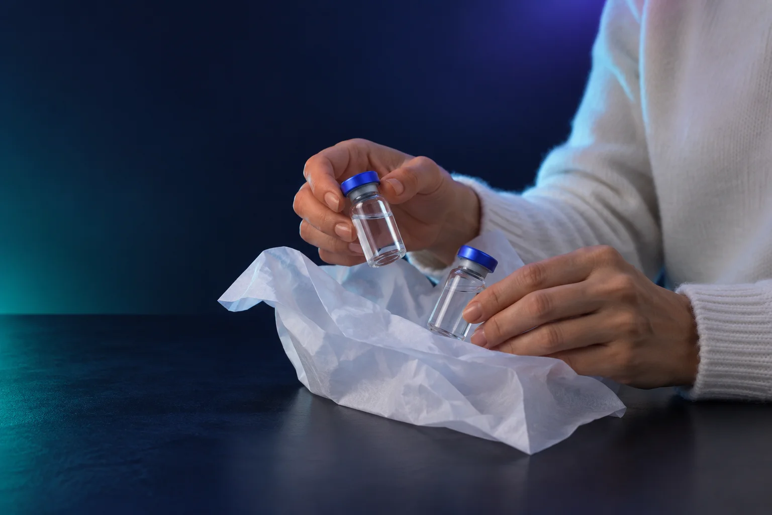 Person unwrapping a delivered package of vials